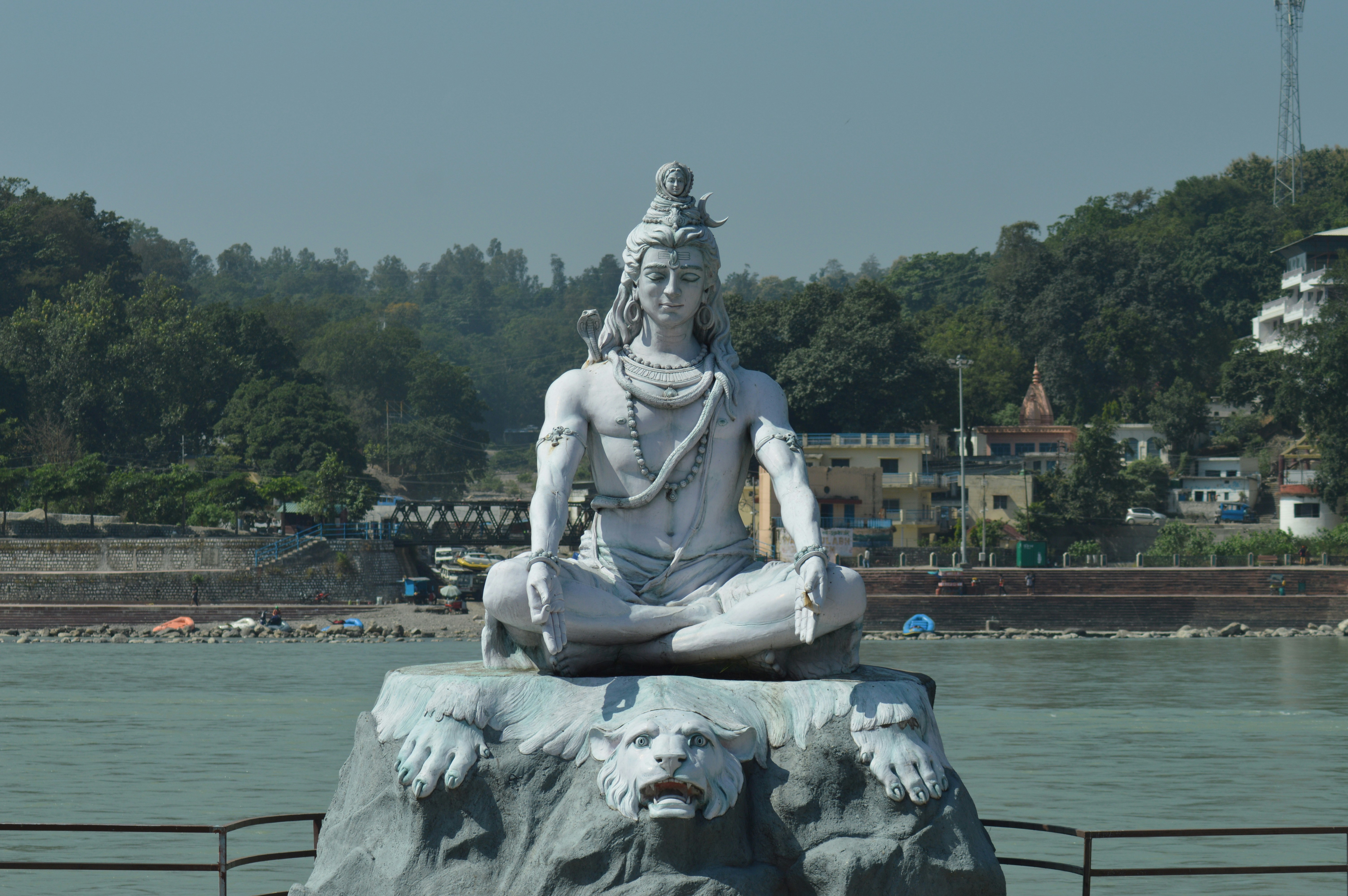 View of Lakshman Jhula bridge in Rishikesh over the Ganges river